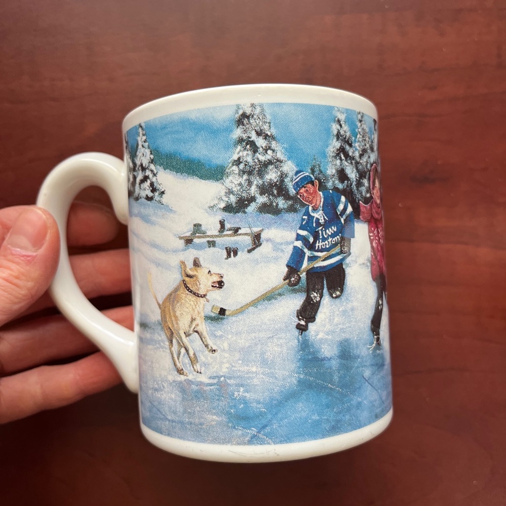 Vintage Tim Hortons Hockey Winter Scene Mug - White